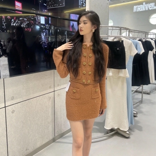 秋冬 美拉德色小香风针织开衫上衣+半群套装