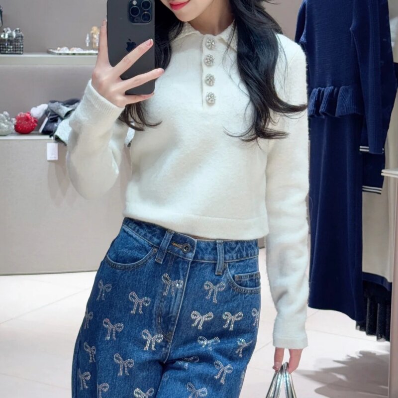 白色珍珠POLO领长袖针织上衣