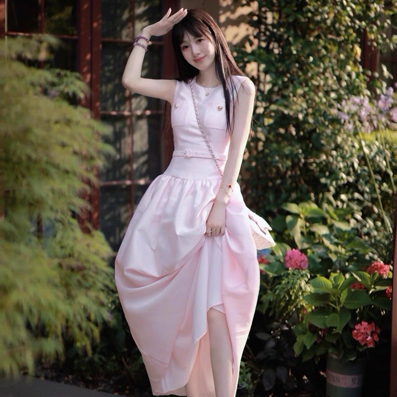 粉色 塔夫绸无袖收腰配腰带金属纽扣连衣裙长裙公主裙
