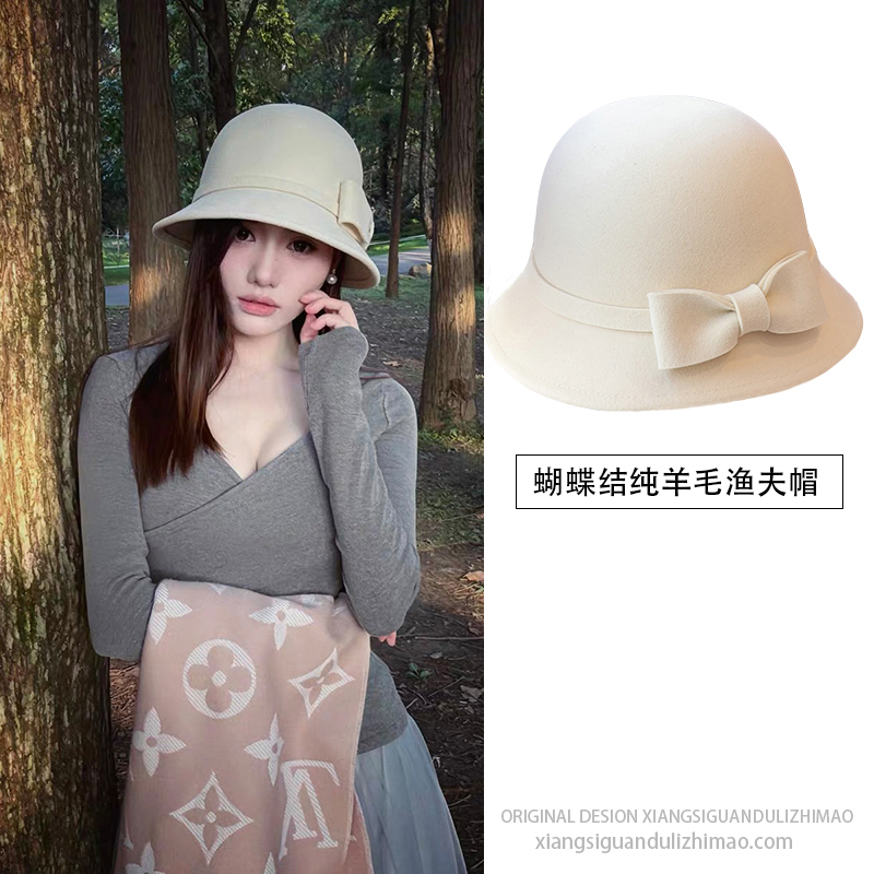 留洋千金蝴蝶结羊毛呢渔夫帽