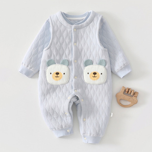 秋冬季男女宝宝三层保暖夹棉婴儿长袖上衣背带裤连体衣分体外出服