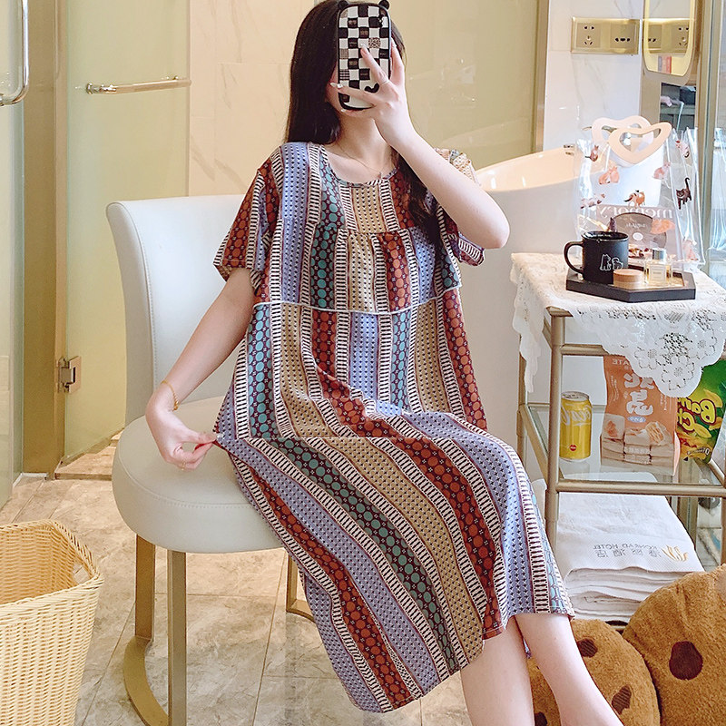 棉绸睡裙女夏条纹薄款绵绸防凸点睡衣短袖大码免穿内衣家居裙胖MM