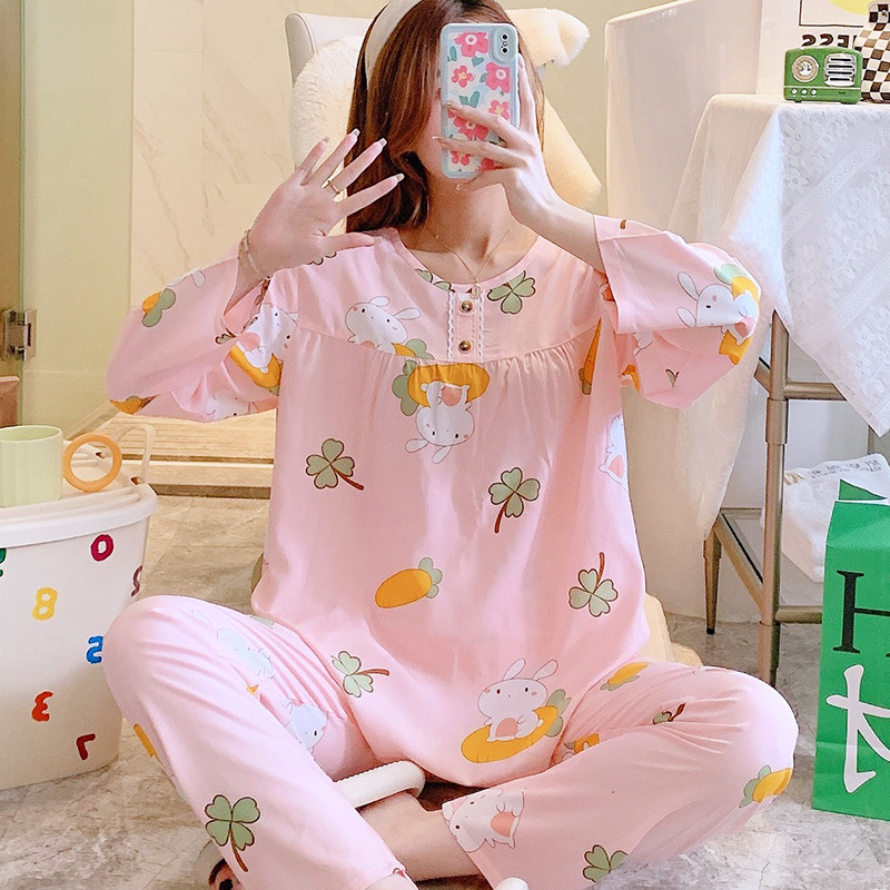 夏天睡衣女人棉绸春季绵绸长袖长睡衣/家居服套装