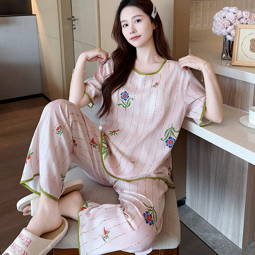 带胸垫睡衣女短袖长裤夏季棉绸