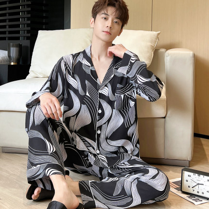 棉绸睡衣男士夏季长袖长裤套装薄款绵绸春夏青年大码空调服家居服