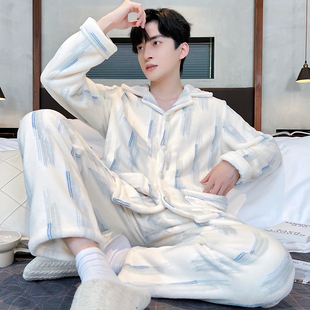 秋冬款 套装 冬季 保暖开衫 冬 珊瑚绒加厚家居服加大码 法兰绒睡衣男士