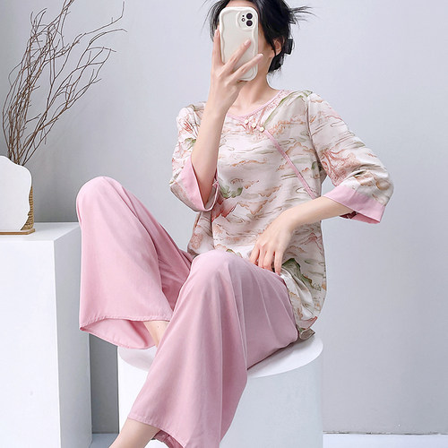 棉绸睡衣女士夏季套头印花新中式国风长裤家居服两件套绵绸套装薄