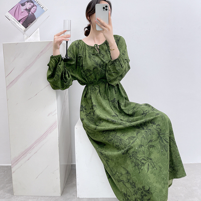 睡裙女夏季棉绸长袖睡衣人造棉可外穿高级感度假风长裙碎花连衣裙