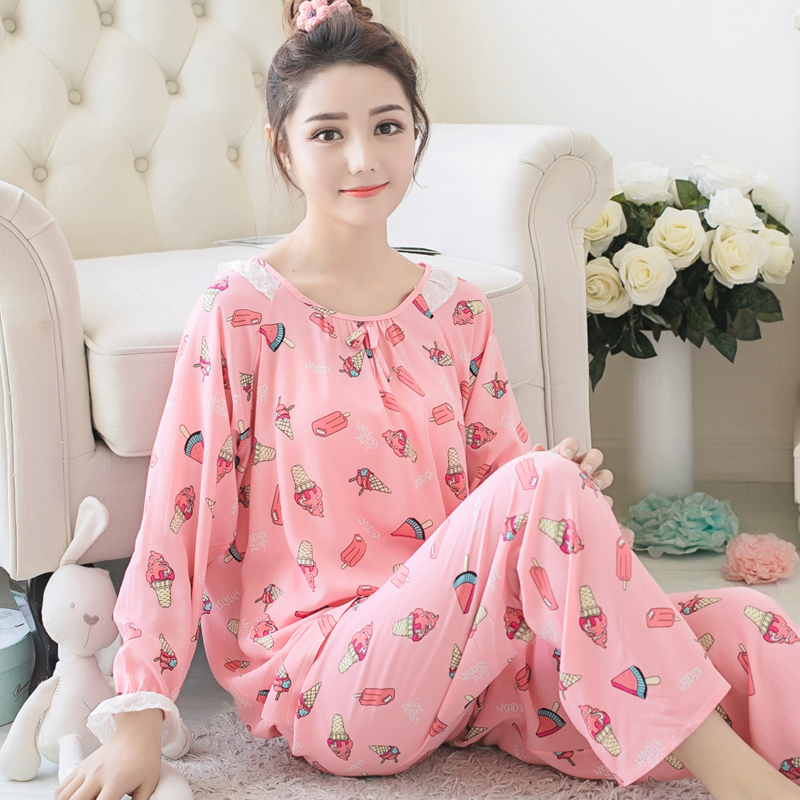 女士長袖睡衣夏季棉綢套裝薄款春秋可愛綿綢夏裝女甜美套頭家居服