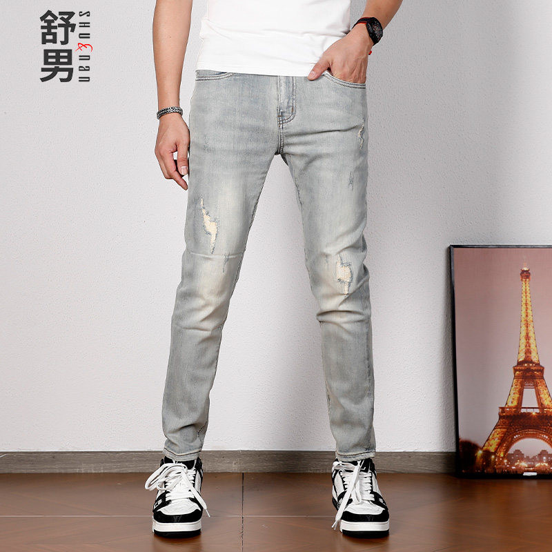 2024新款浅色简约百搭牛仔裤男款复古做旧修身小脚弹力休闲裤子男