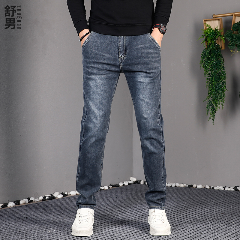 冬季深蓝色牛仔裤男款修身休闲裤
