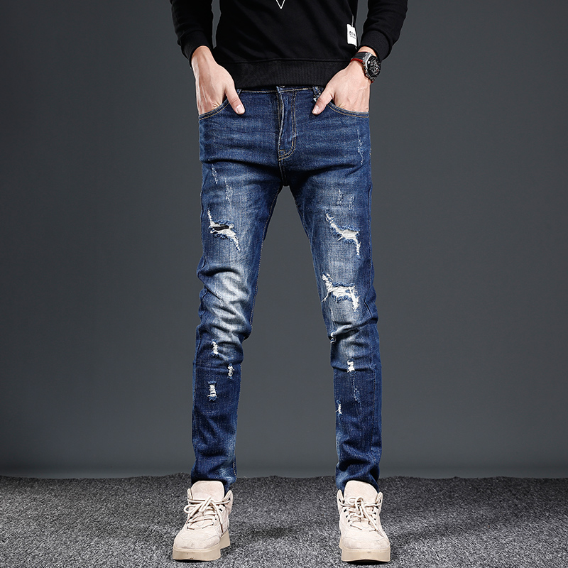 深蓝色破洞修身牛仔裤男韩版潮流休闲小脚裤子2023秋冬款长裤百搭