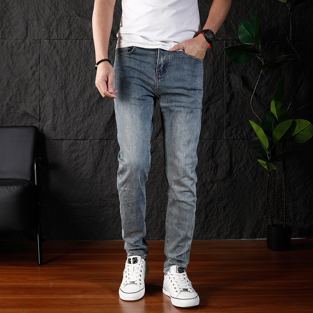 2026休闲复古牛仔裤男款水洗蓝色修身小脚弹力韩版百搭薄款长裤子