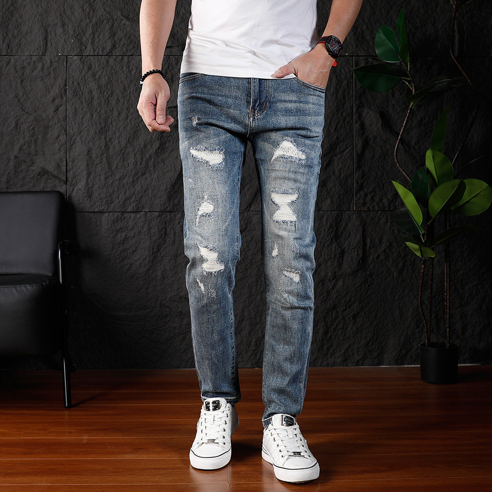 破洞补丁牛仔裤男痞帅乞丐裤2026夏季薄款修身小脚弹力休闲长裤子