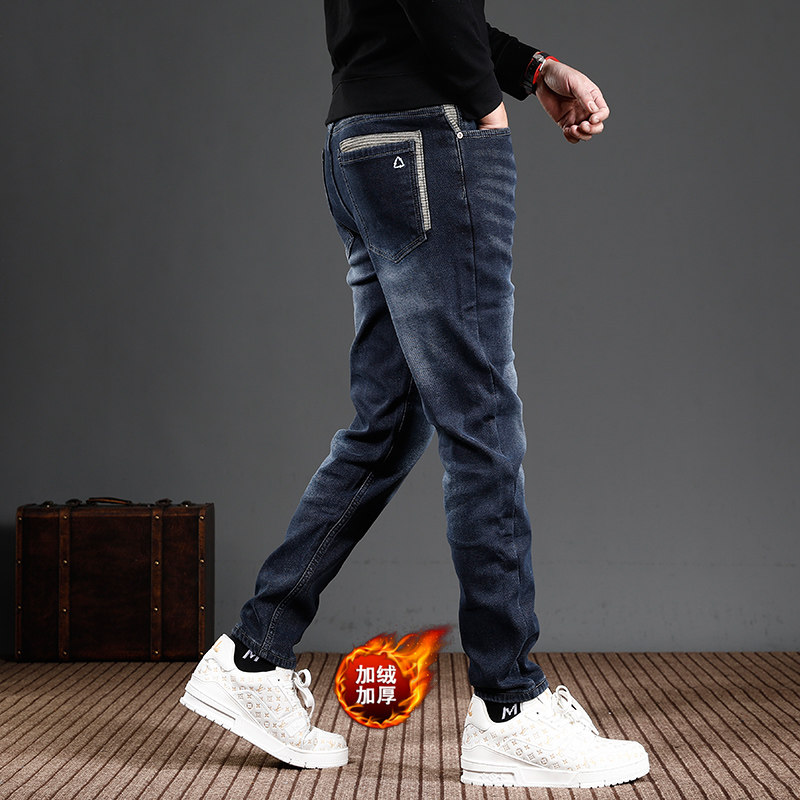秋冬款蓝色加绒加厚保暖牛仔裤男款百搭修身小脚弹力休闲冬季裤子
