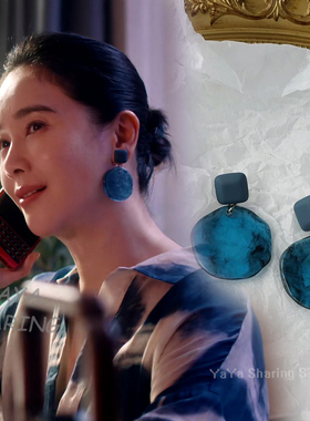 七根心简霍子红左小青同款耳钉复古风蓝色墨纹摩登港风高级感耳饰