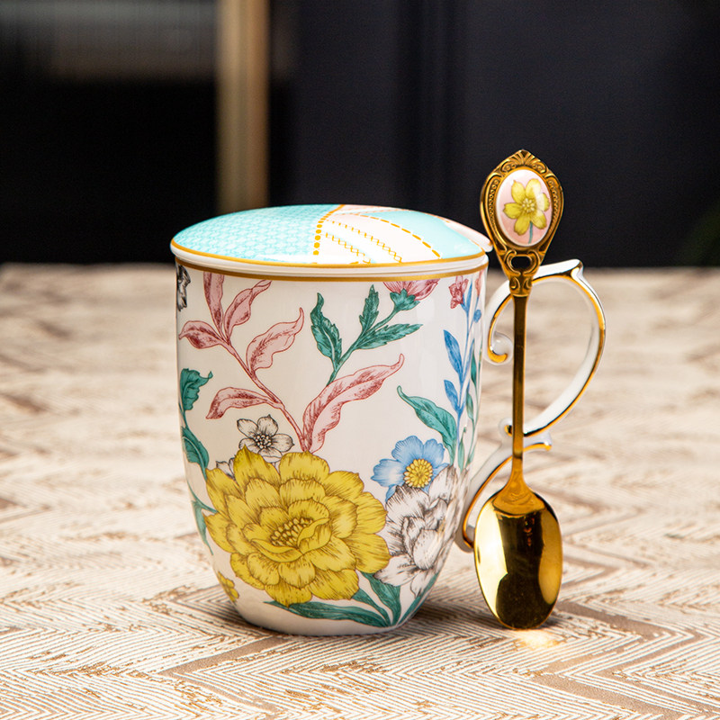 高颜值骨瓷马克杯带盖勺创意高端陶瓷杯泡茶杯家用喝水杯子花茶杯
