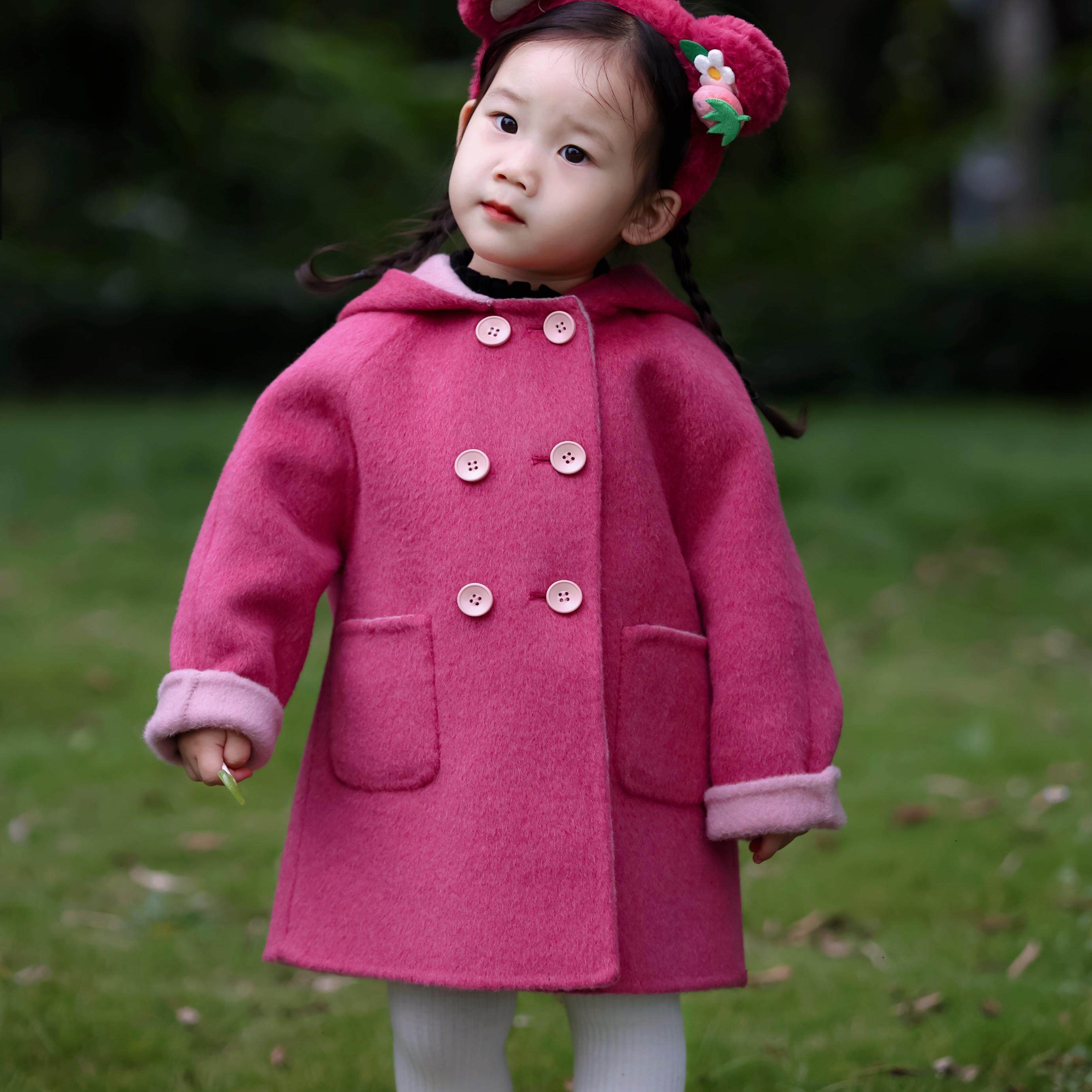 草莓熊双面羊毛大衣秋冬儿童可爱卡通连帽毛呢外套女童中长款宝宝