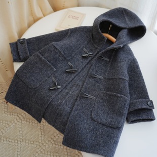 大暖自制100%羊毛双面羊绒手工大衣男童女童秋冬牛角扣连帽外套