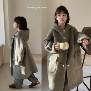韩国潮童装男女童百分百双面羊绒大衣连帽中长款韩系中大童呢外套
