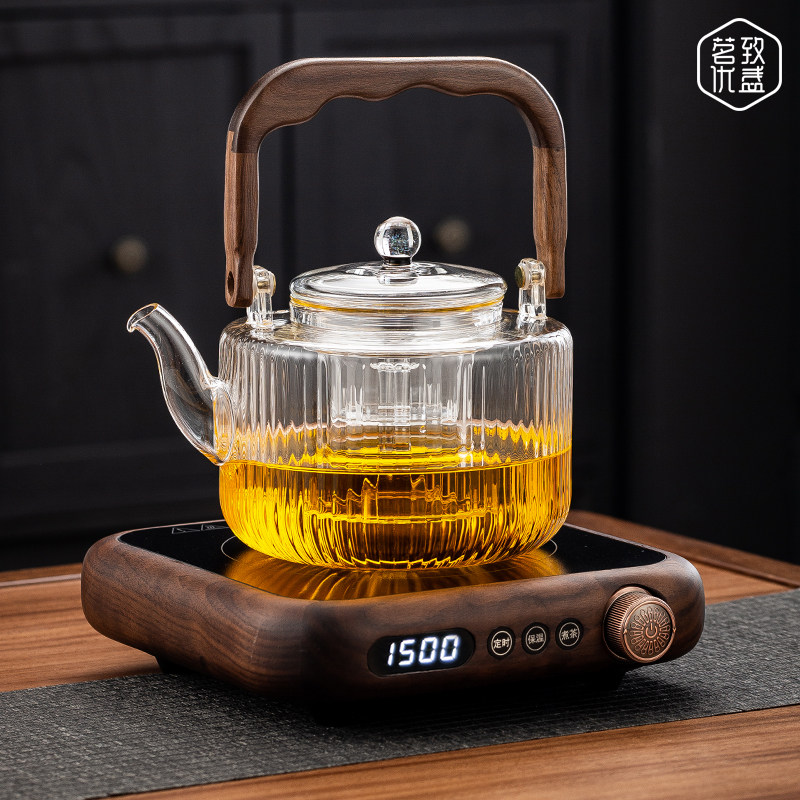 北美黑胡桃木实木电陶炉超薄耐热玻璃蒸煮一体烧水壶茶具套装家用,餐饮具,煮茶炉,淘宝优惠券,粉丝福利购,淘宝优惠卷