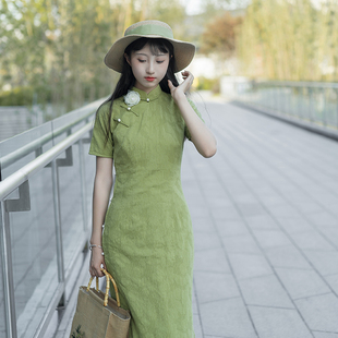 晴山六省全开襟旗袍女气质修身连衣裙日常玫瑰心事苔绿色夏季新款