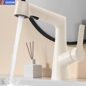 奶油风全铜白色升降洗手盆水龙头家用洗脸盆冷热抽拉式 卫生间面盆