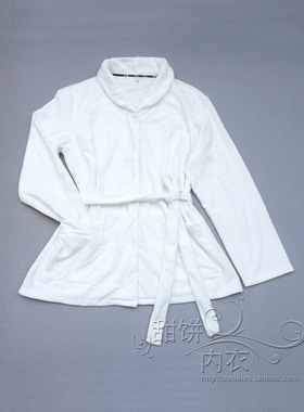 亏清 任2件包邮16微污欧美白色短绒舒适长袖睡衣家居服腰带短浴袍