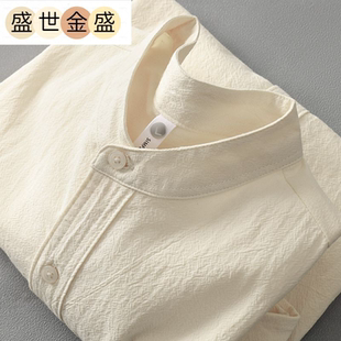 单穿打底两不误杏色白色亨利领棉麻短袖衬衫纯色亚麻立领上衣男夏