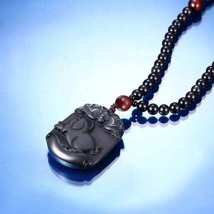 黑曜石男士项链女情侣挂件长款 十二生肖吊坠马牛羊本命年配饰品