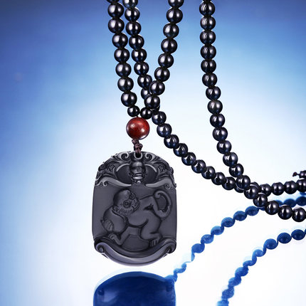 黑曜石男士项链女情侣挂件长款 十二生肖吊坠马牛羊本命年配饰品