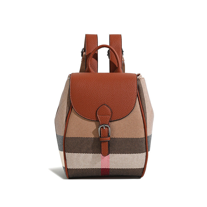 休闲双肩背包2025新款真皮水桶包女潮百搭格子女包青年帆布包