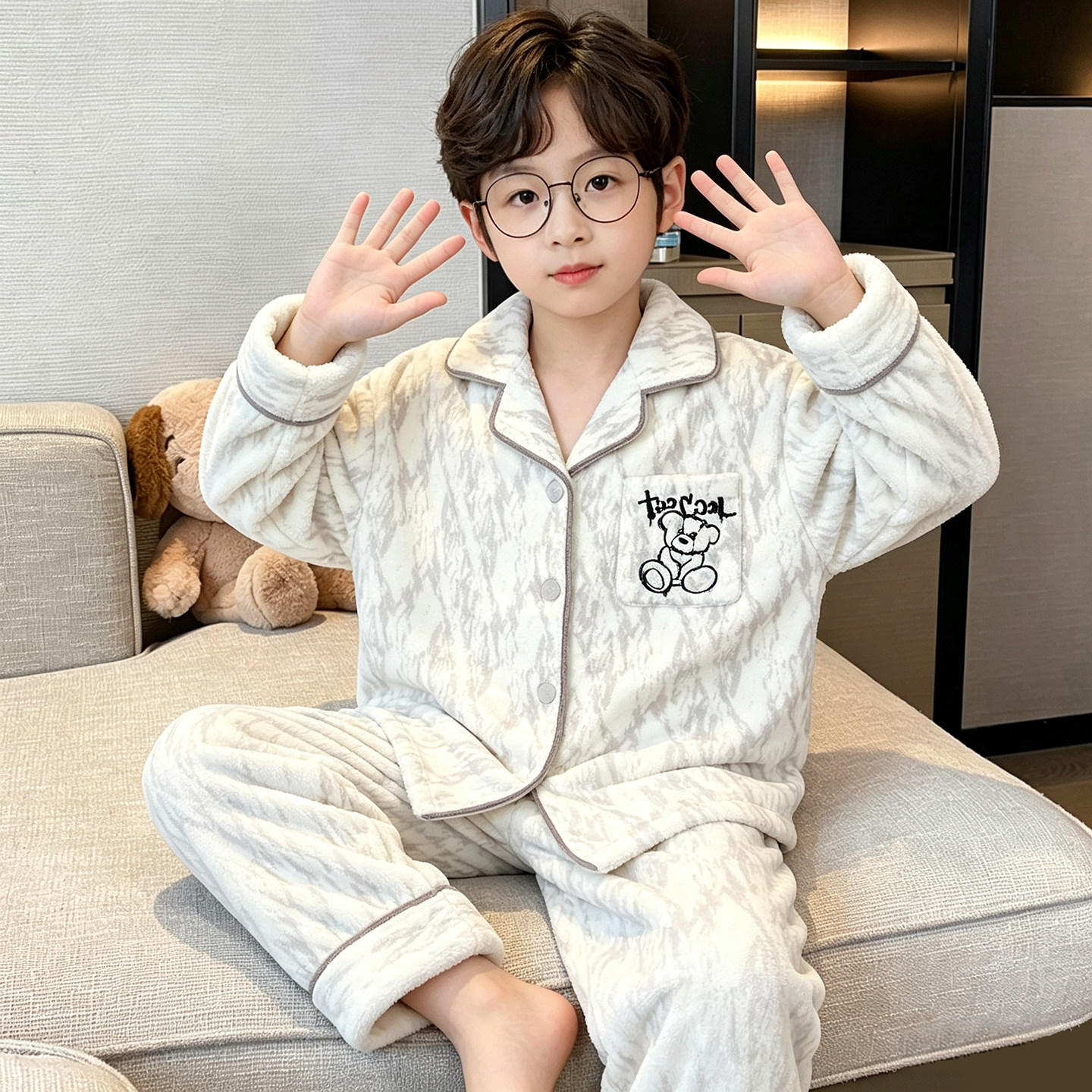 2026新款男童法兰绒睡衣秋冬款磨毛儿童珊瑚绒男孩开衫家居服套装