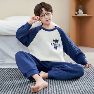 儿童睡衣男童秋冬季三层夹层纯棉保暖家居服男孩束口套头圆领套装