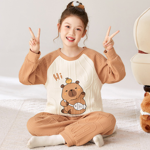卡皮巴拉儿童睡衣女孩秋冬季空气棉夹层中大童学生2025新款家居服