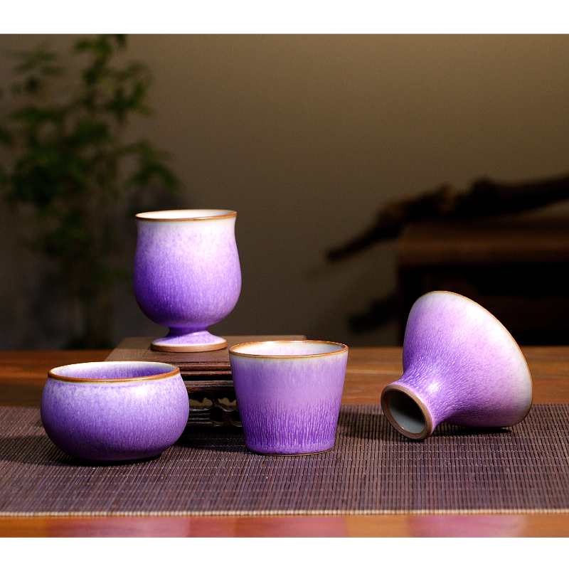 任晓飞炭烧杯 钧瓷手工原矿紫光釉茶杯中式复古风窑变茶具礼盒装