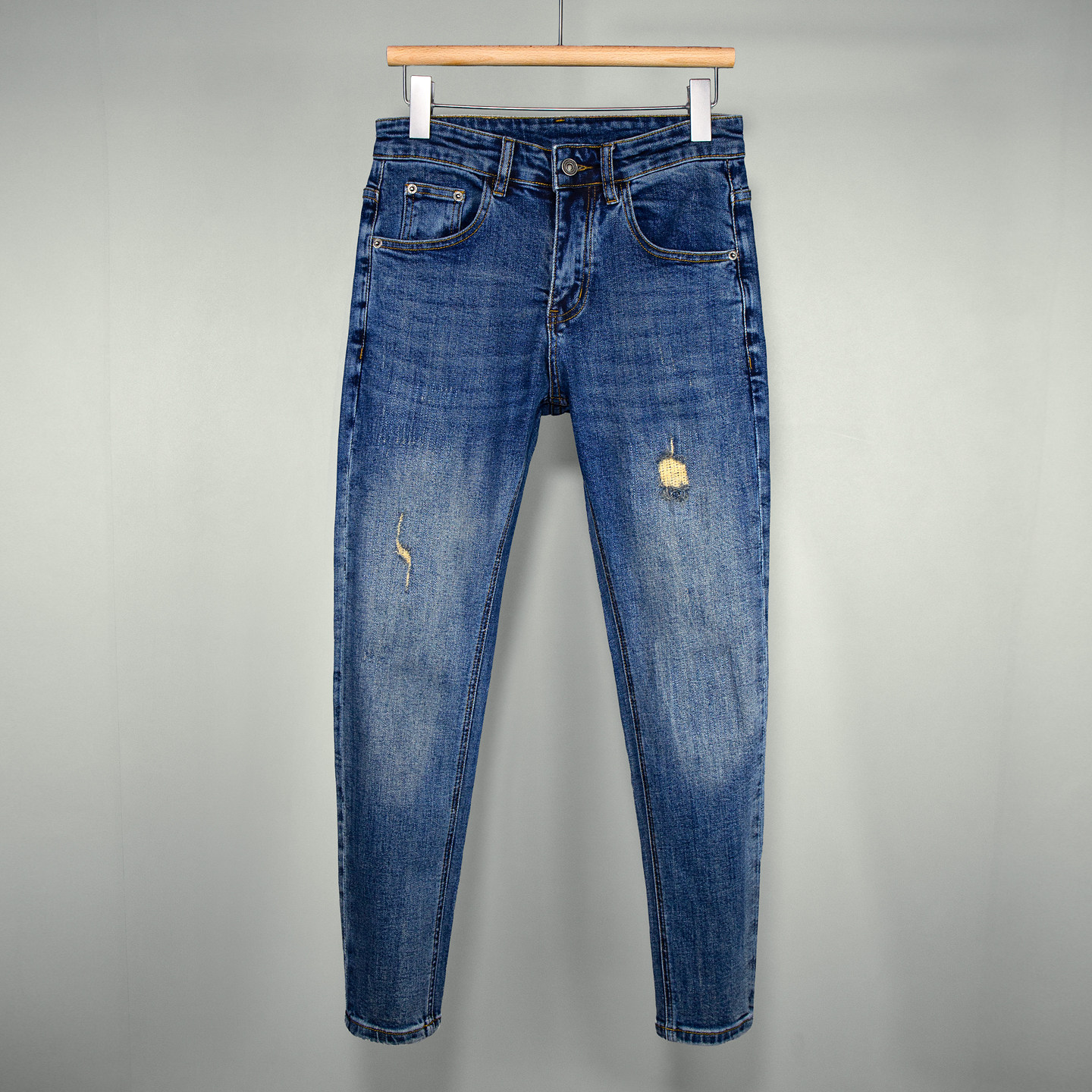 精工水洗九分牛仔裤男士蓝色潮流百搭假破洞刮烂弹力修身小脚裤男