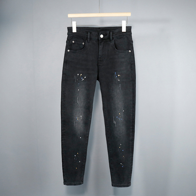 九分牛仔裤男新款黑灰色韩版潮流泼墨韩版日常休闲弹力修身小脚裤