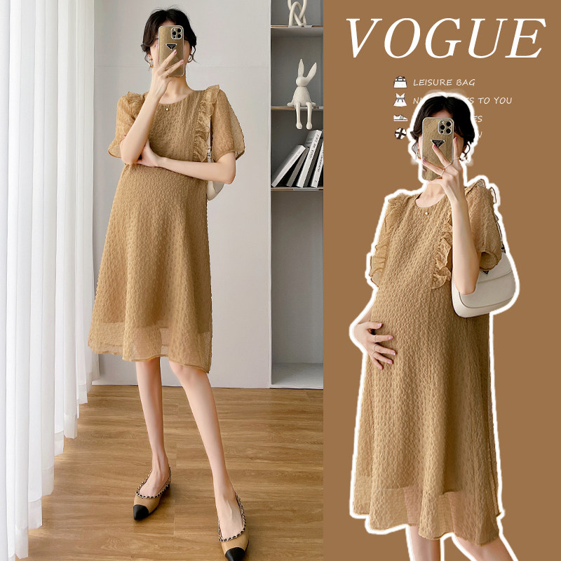 孕妇连衣裙夏装时尚法式雪纺上衣设计感小个子裙子蕾丝孕妇裙夏季