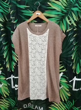 唯品尾货SM2长款毛衣插肩袖羊毛咖啡色蕾丝圆领中长款日系森女风
