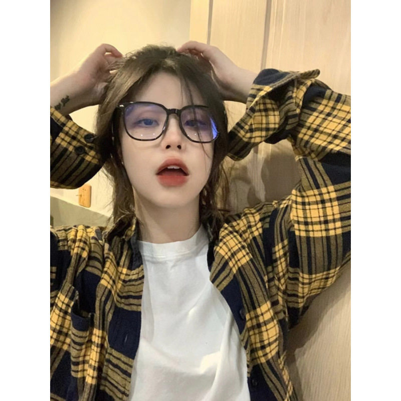 黄色格子大码衬衫秋冬外套女新款女款美式上衣黄黑复古衬衣内搭秋