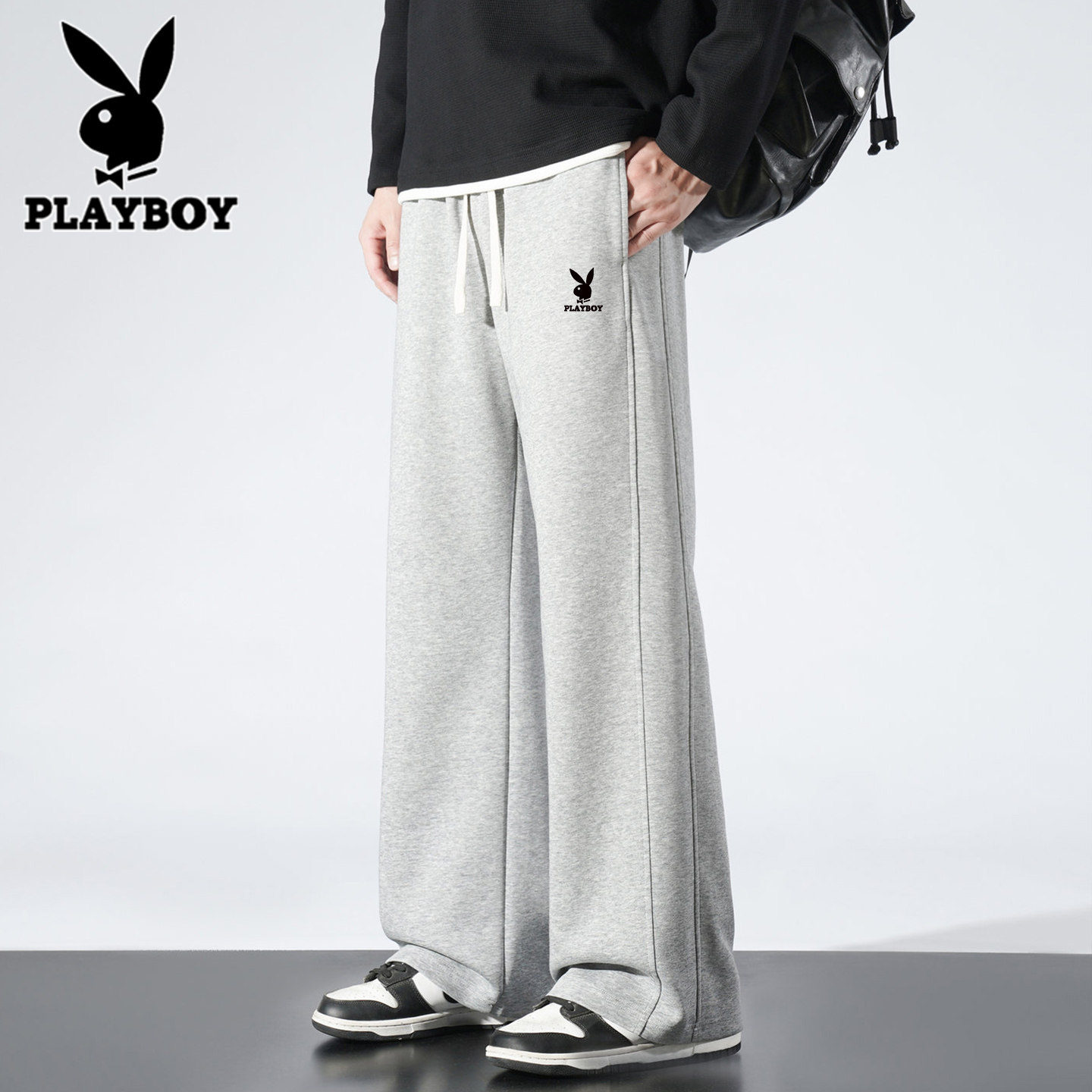 花花公子男休闲运动直筒裤秋冬新款长裤青少年垂感潮流加绒阔腿裤