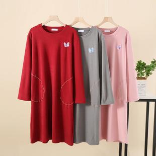 双面德绒自发热面料女士有口袋圆领长袖 长裙休闲家居裙睡裙长裙