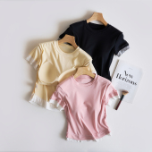 t恤女纯色百搭显瘦假两件上衣 带胸垫正肩短袖 米拉之语夏季 新款