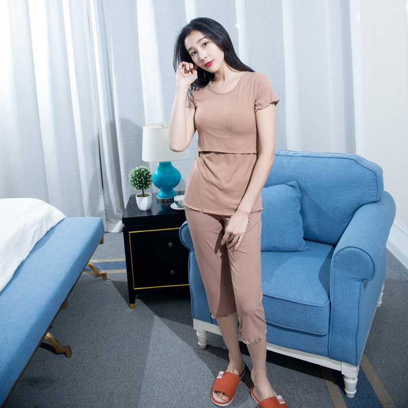 봄 여름 모달 출산 산후 수유복 수유복 얇은 잠옷 출산 반팔 크롭 팬츠 슈트