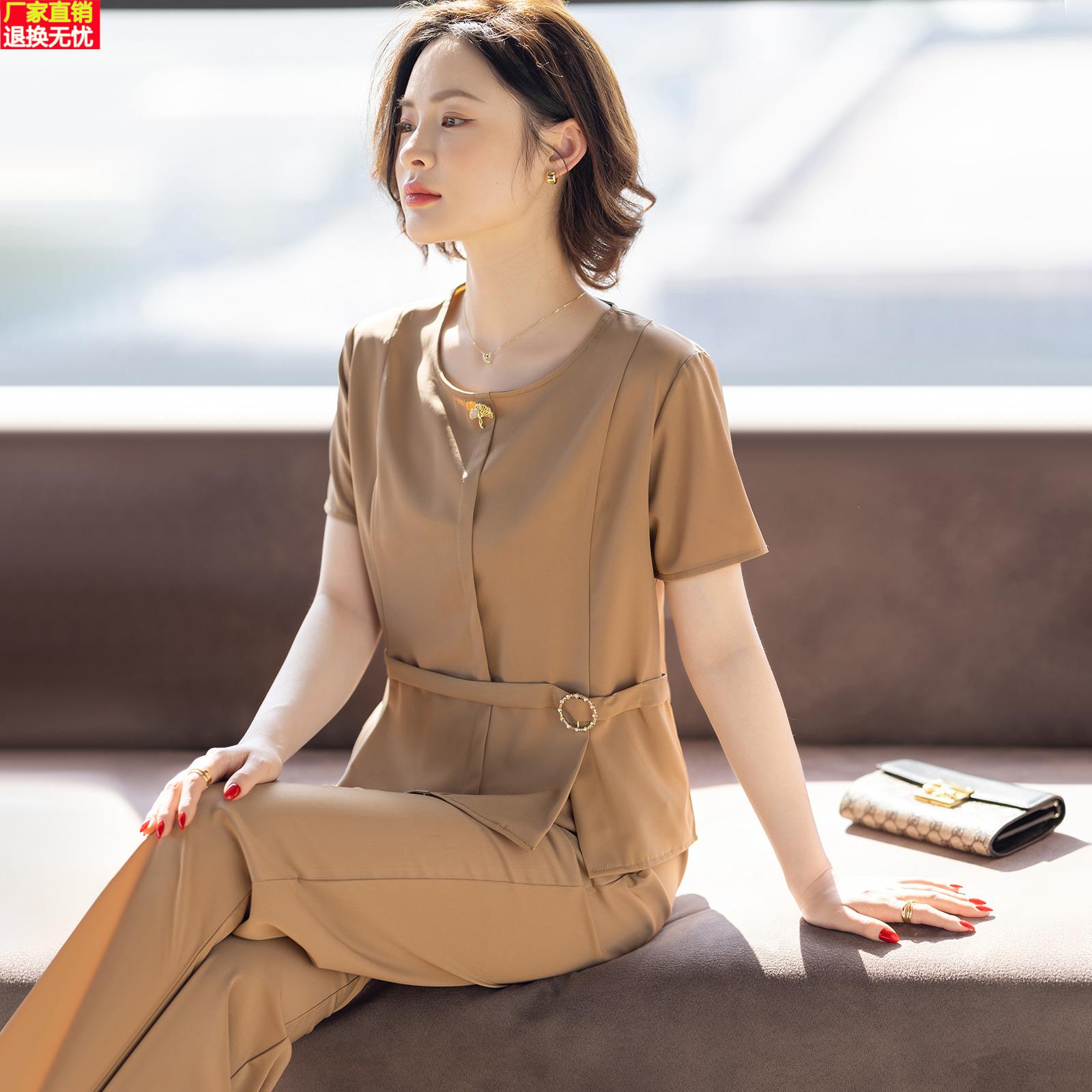妈妈夏装套装2025新款短袖雪纺洋气质时尚小衫中老年女士t恤衣服