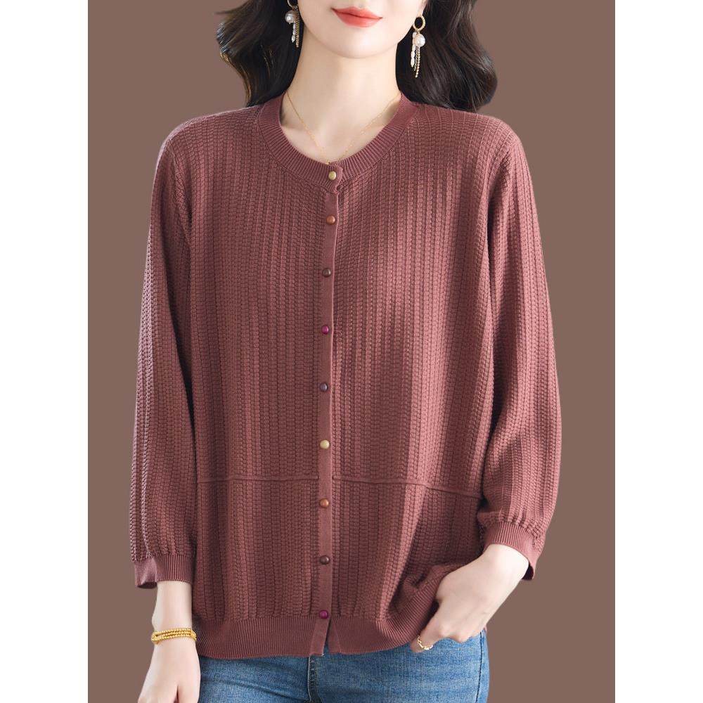 春秋季新款桑蚕丝开衫女宽松时尚圆领九分袖妈妈针织冰丝外套显瘦