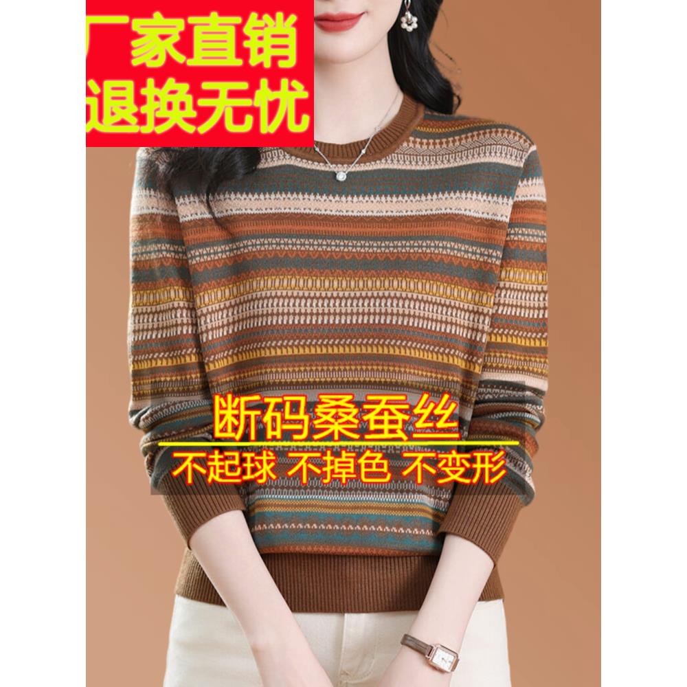 春季新款桑蚕丝长袖t恤女条纹圆领洋气针织上衣妈妈漂亮打底小衫