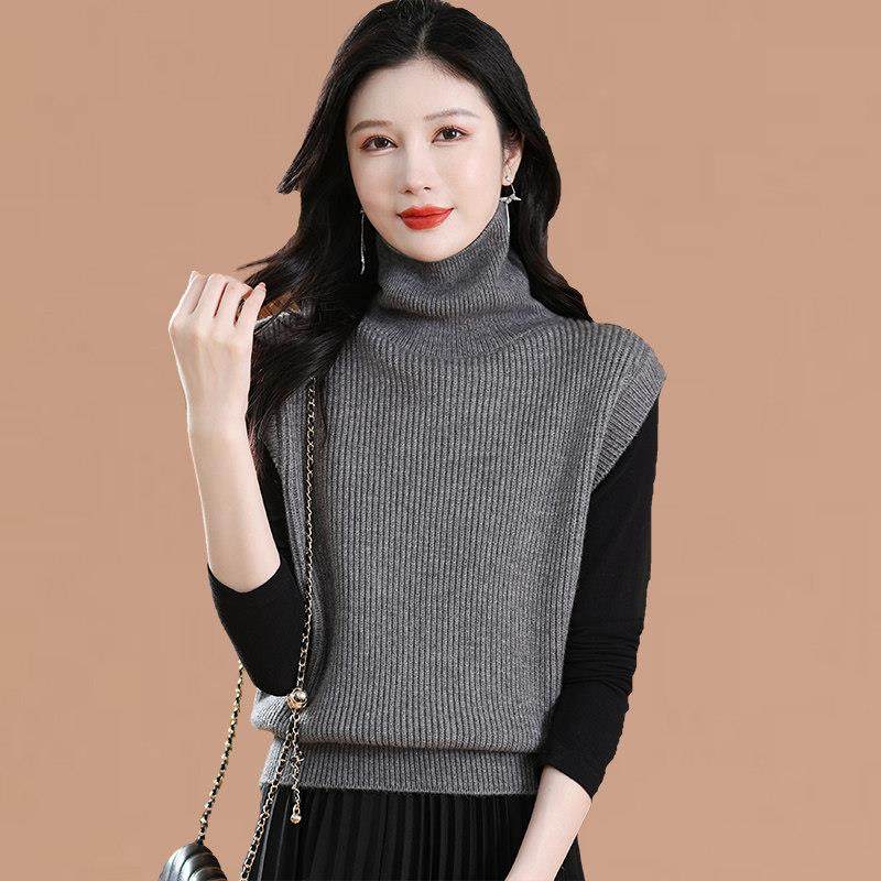 高领毛衣背心女士秋冬季无袖针织上衣纯色叠穿马甲洋气打底羊毛衫