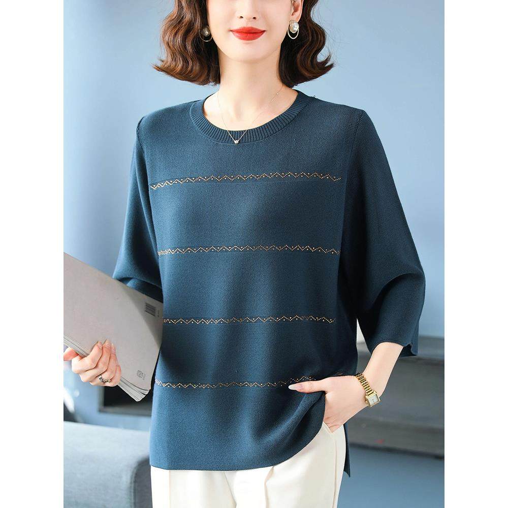 特大码七分袖桑蚕丝针织T恤女春秋新款中老年妈妈装宽松遮肚上衣